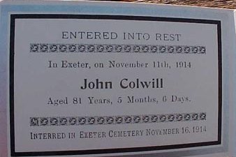 Memorial funeral card for John Colwill of Exeter, Huron County Ontario, 1833 - 1914