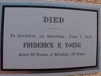 Memorial funeral card for Frederick R. Young of Crediton, Huron County Ontario, 1875 - 1913
